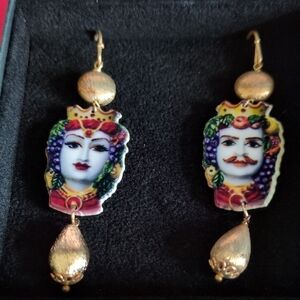Gold-Tone Multicolor King & Queen Portrait Drop Earrings